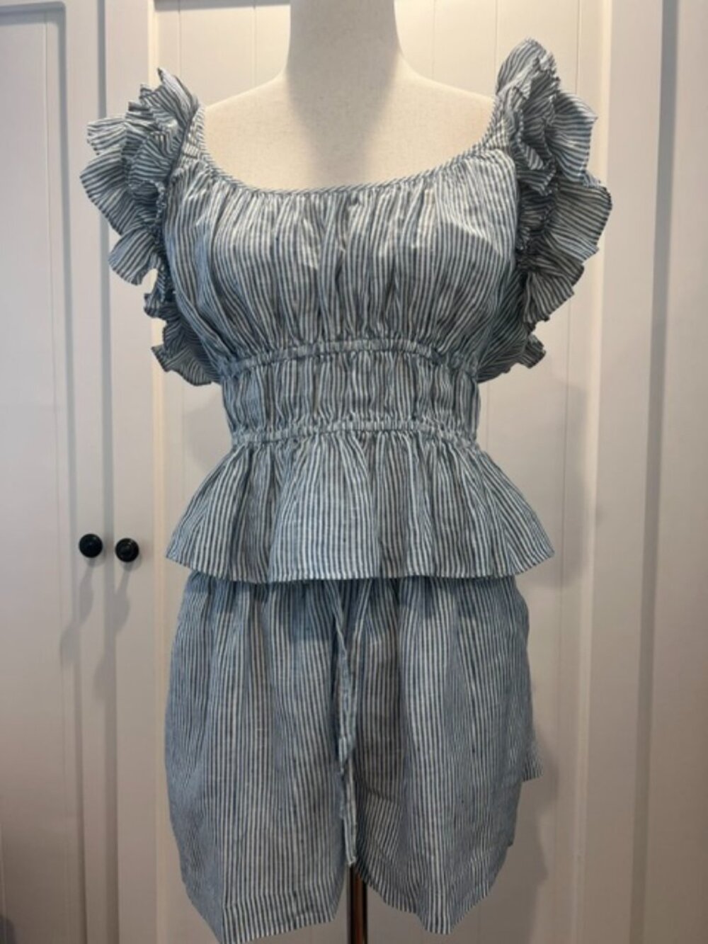 Ulla Johnson Top and matching Short, Linen, Size 8, Blue/White Stripe